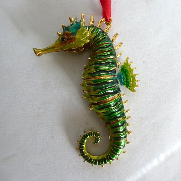 NEW 4.5” CLOISONNE GOLD METAL ENAMEL JOINTED SEAHORSE CHRISTMAS ORNAMENT - Picture 6 of 14